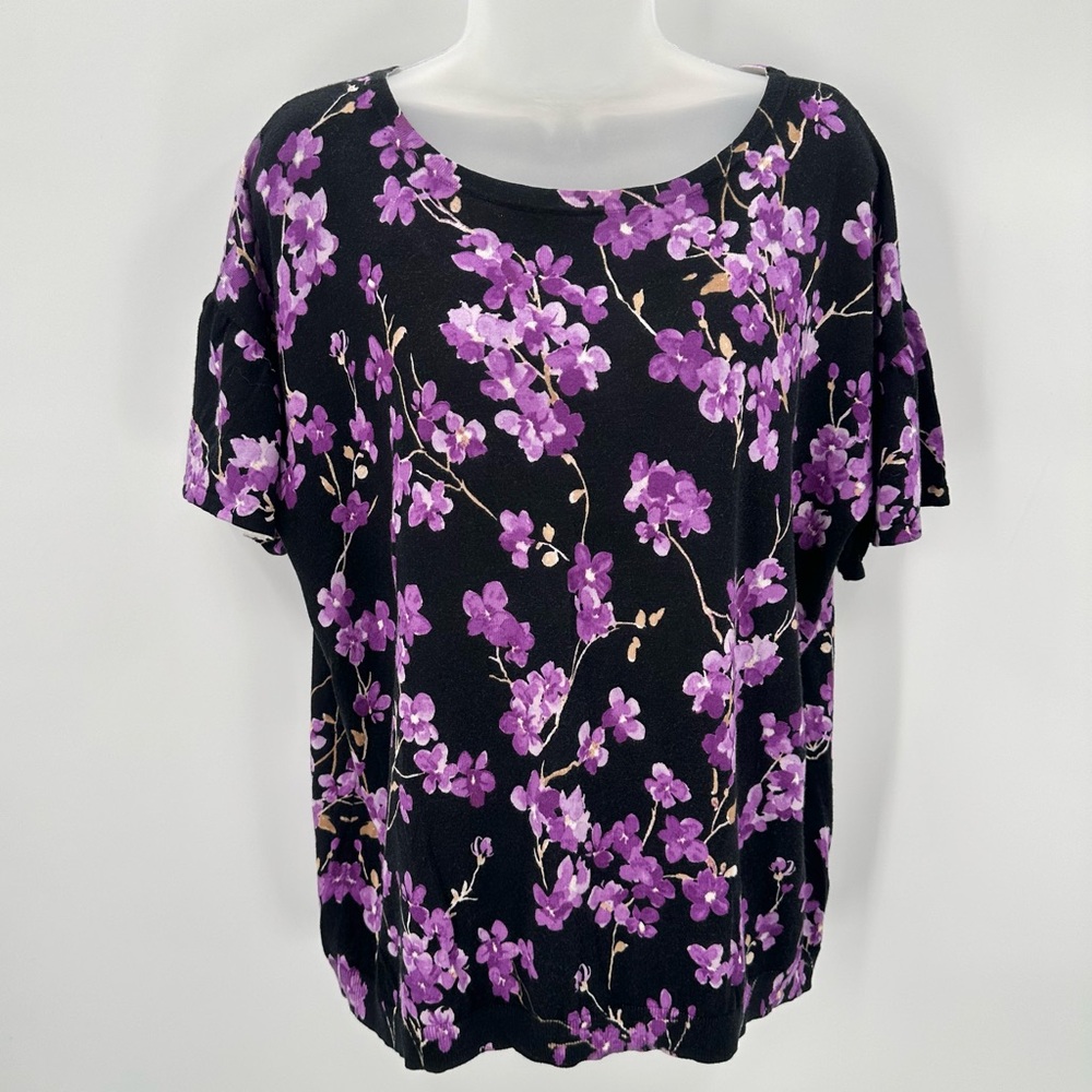 Talbots Knit Top Women XL Black Purple Floral Pullover Short Flutter Sleeve READ